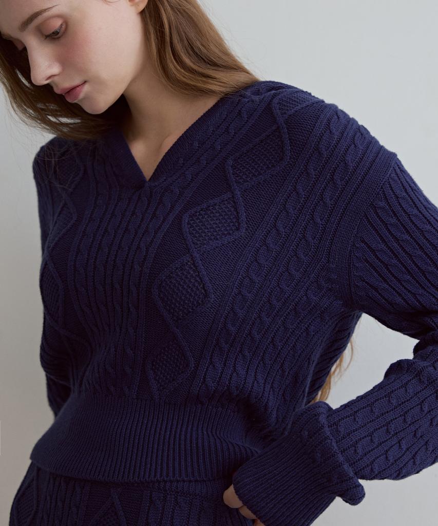 ODER Cable Crop Knit Hoodie - Navy