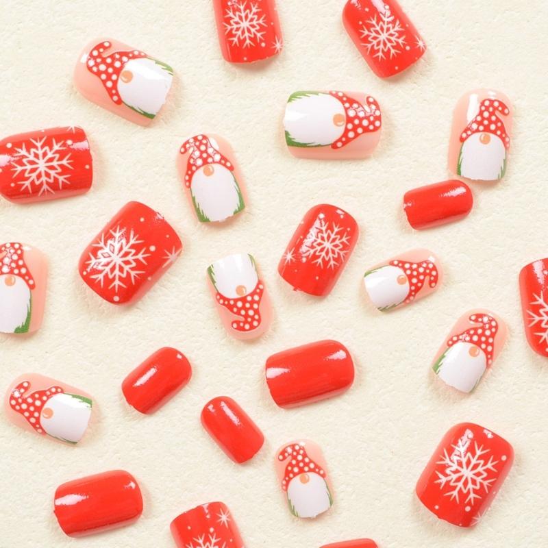 White Snowflake Press On Nails Short Square Artificial Nails Santa Claus Full Cover Stick on Nails Christmas False Nails