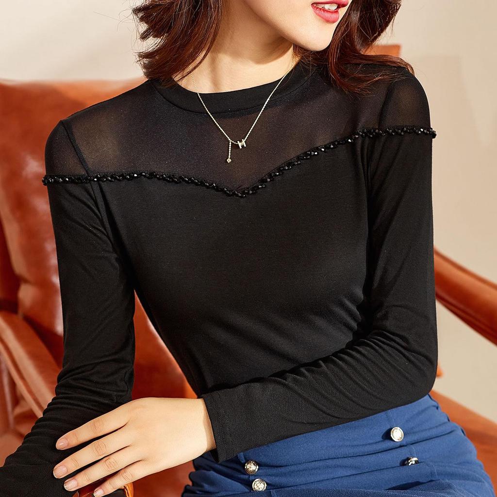 Women's Retro Beaded Black Mesh Long Sleeve Slimming Top - 2023 Spring/Autumn Collection