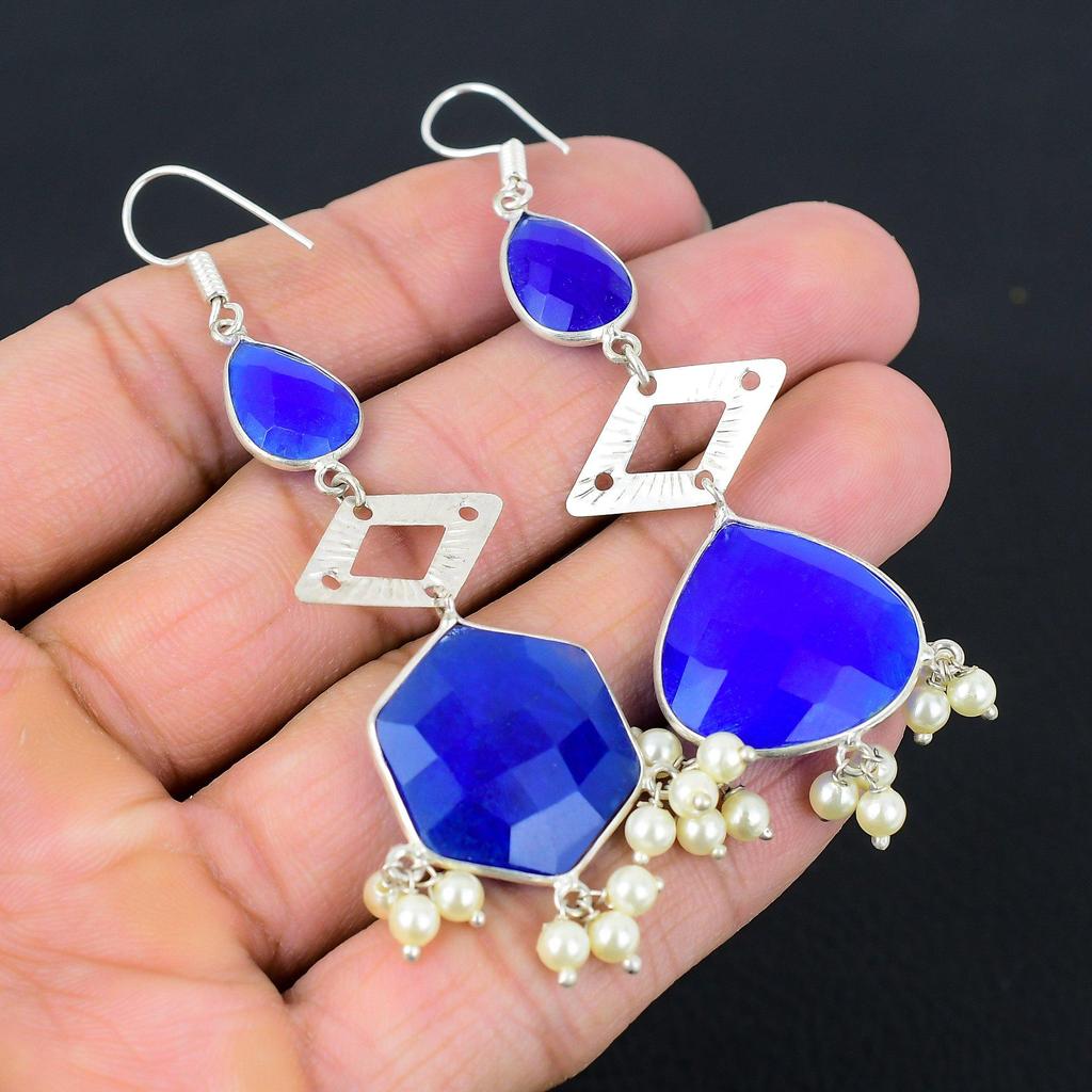 Halloween Sale 925 Silver Hexagon Blue Sapphire Stone Dangling Earrings Jewelry