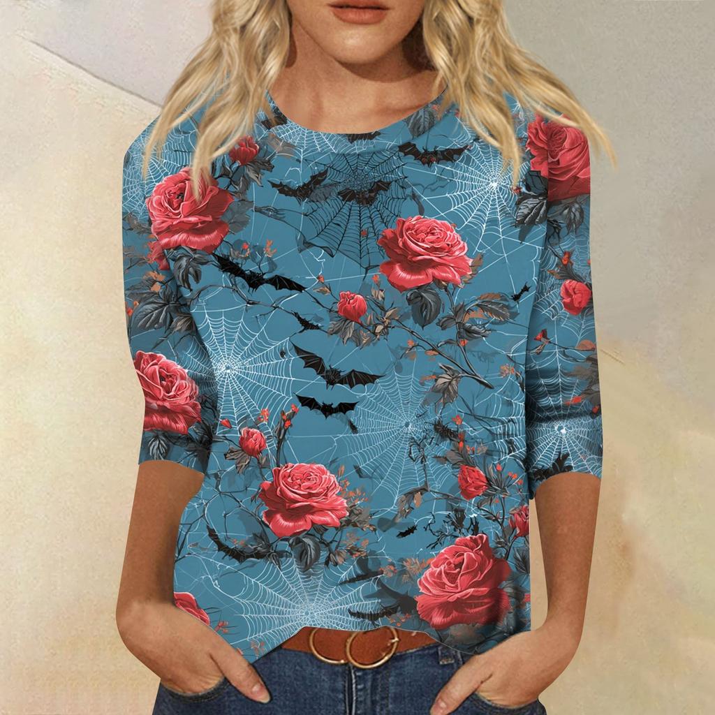 Women's Tops Three-quarter Sleeve Shirt V-neck Loose Casual Shirt Print T-shirt