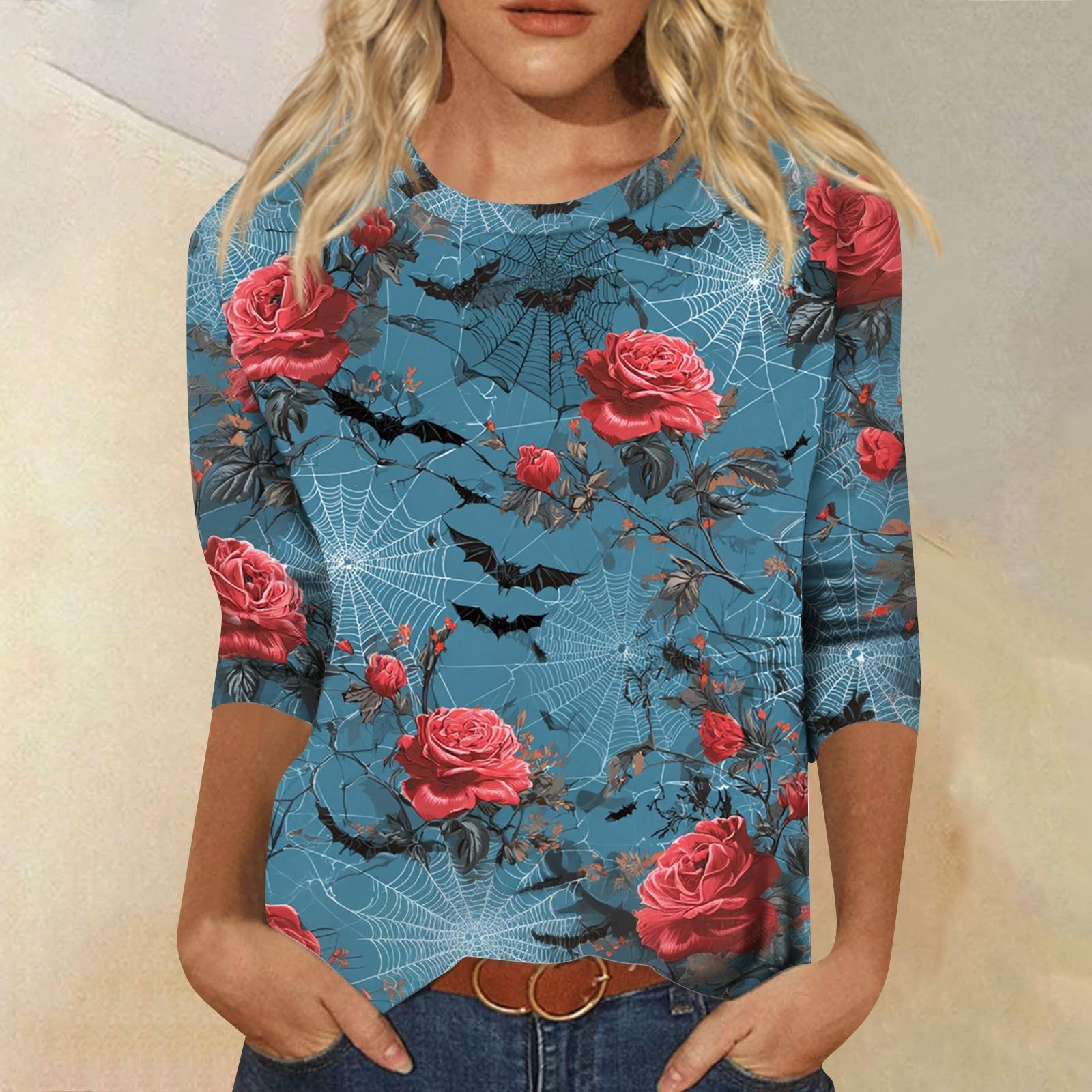 

Женские топы Рубашка с рукавом три четверти V-образный вырез Свободная повседневная рубашка Футболка с принтом S