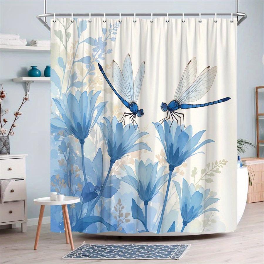 1Pc Blue Floral And Dragonfly Patterned Shower Curtain With Hooks, Made Of Polyester Fabric, Suitable For Bathroom Dcor.