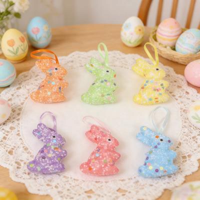 6 Stück Oster-Schaumstoff-Hasen-Dekorationen Bunte Glitzer-Hasen und Eierformen Einfache Hängende Wandkunst für Party, Frühlingsbasteln, Kindergarten und Heimdekoration