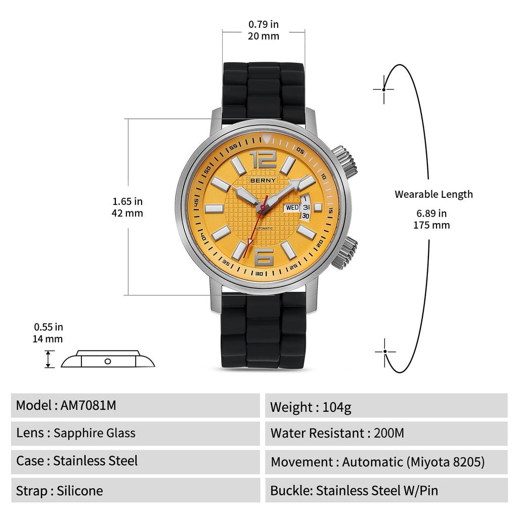 BERNY Men's Automatic Mechanical Dive Watch, Self-Winding, Sport Silicone Strap, 20ATM Waterproof, Sapphire Glass, Super Luminous