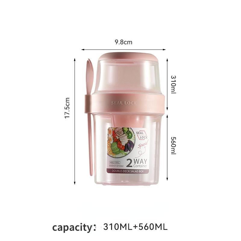 Двойной пластиковый стаканчик для салата с крышкой для ложки, стаканчик для салата на завтрак с вилкой, уплотнителем для студентов, выходящих на улицу, переносной, легкий, для еды 310ml+560ml розовый