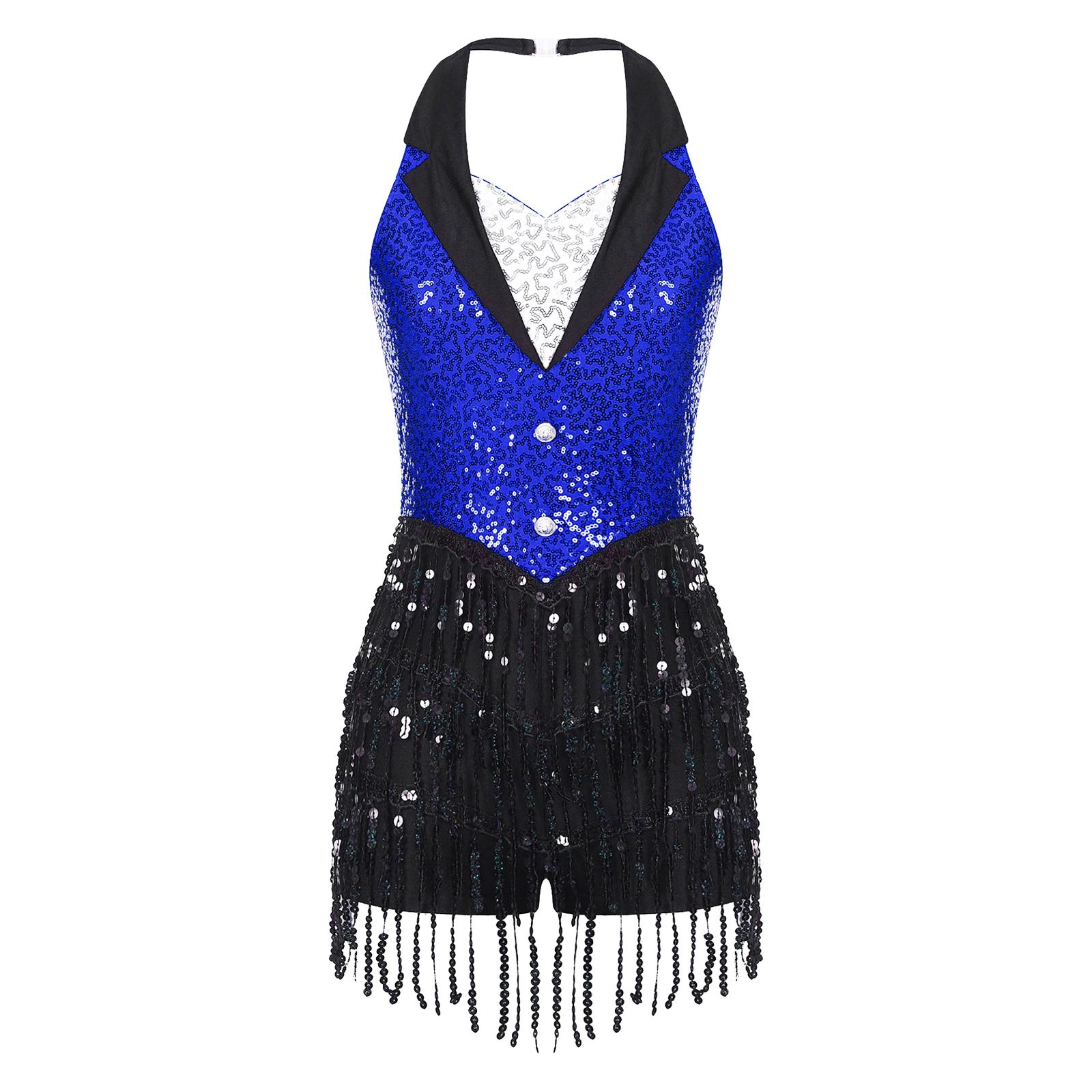 

Womens Latin Dance Costume Halter Backless Sequins Fringe Jumpsuit Sleeveless Tassel Leotard Performance Wear M синій