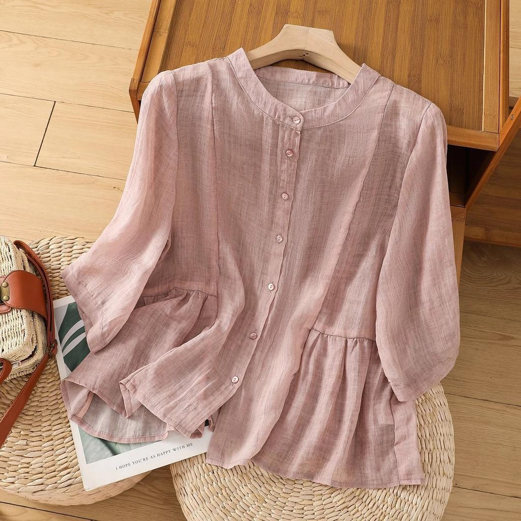 Plus Size Women Summer Loose Vintage O-neck Shirt Cotton Linen Casual Shirts Office Lady Tops