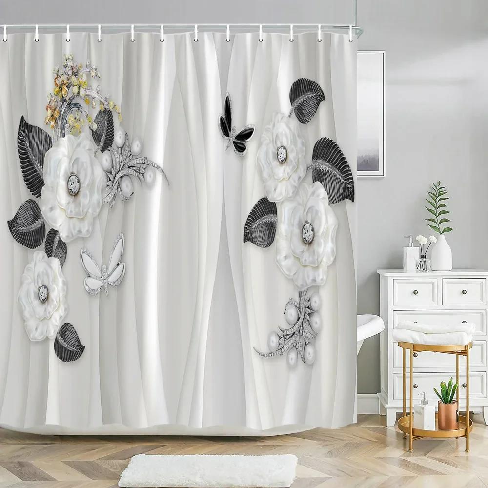 Elegant Bouquet Of Fantastic White Flowers 3D Style Shower Curtain Bathroom Curtain With Bath Rug Carpet Set Floral Home Decor
