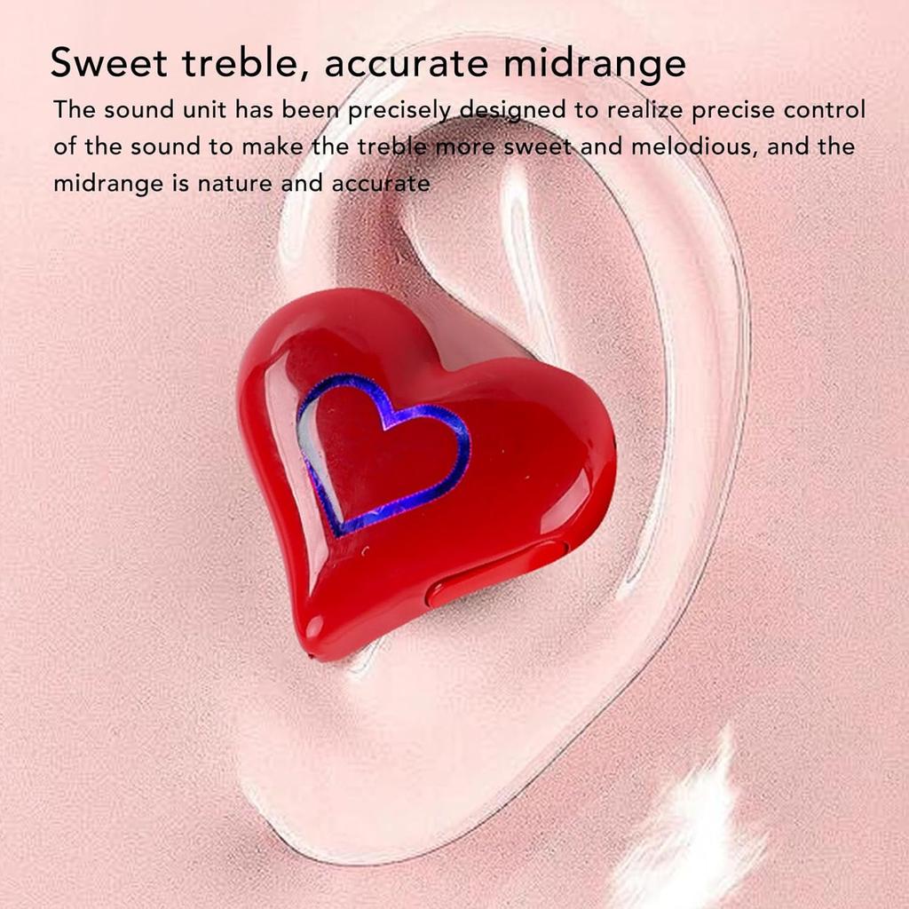 Earbuds, Heart Shaped Cordless Earbuds HiFi Stereo Sound Cute, Stereo Sound Built in Mic 5.3 Cordless Headphones (Red)