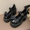 Fashion 2025New Chunky Heel Shoes Spring Round Head Shallow Mouth Bow One Word Buckle Waterproof Platform Anti-slip Wear  Jane Shoes