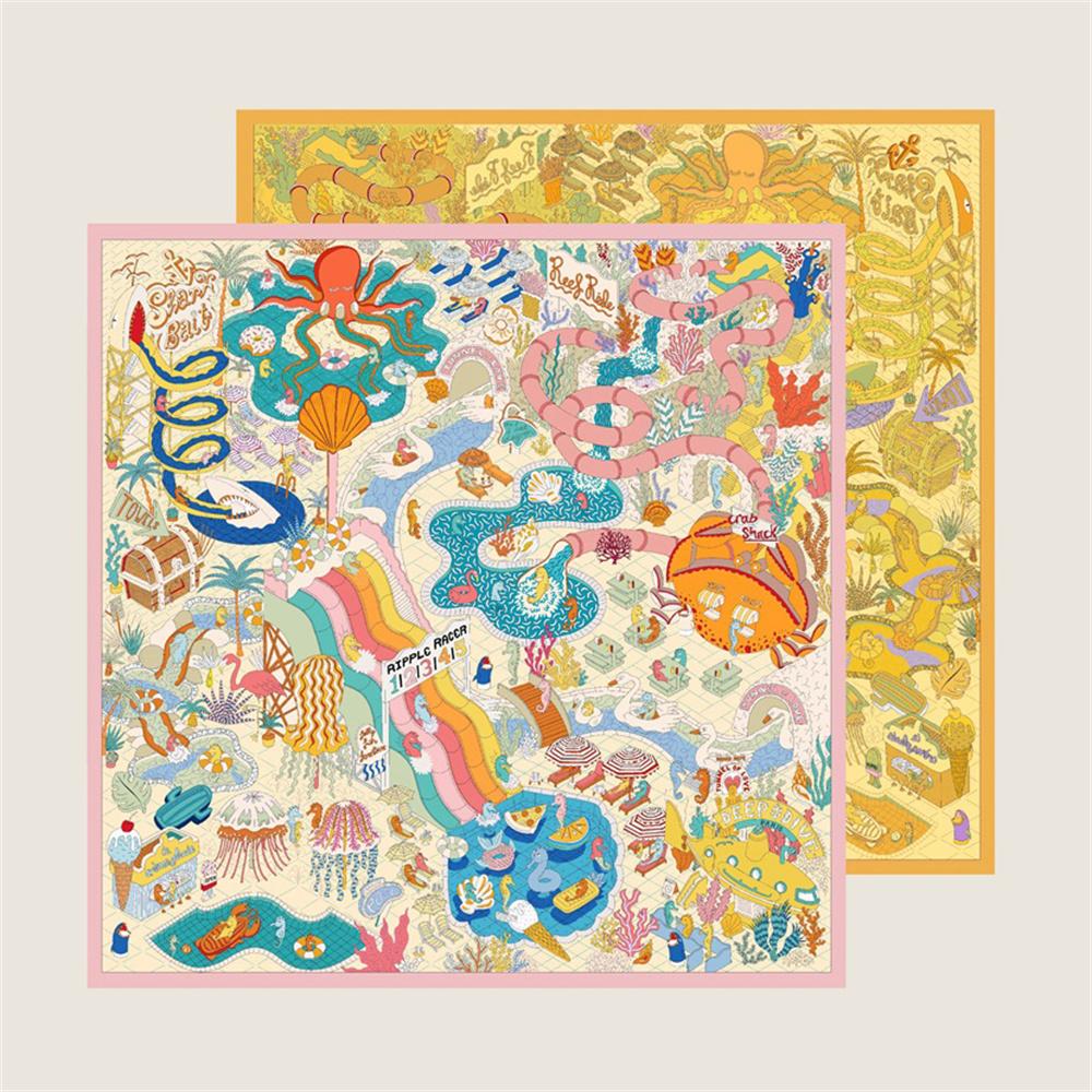 POBING Manual Hand Rolled Twill Silk Scarf Women Ocean Park Double Print Square Scarves Wraps Echarpes Foulards Femme Hijab 90CM