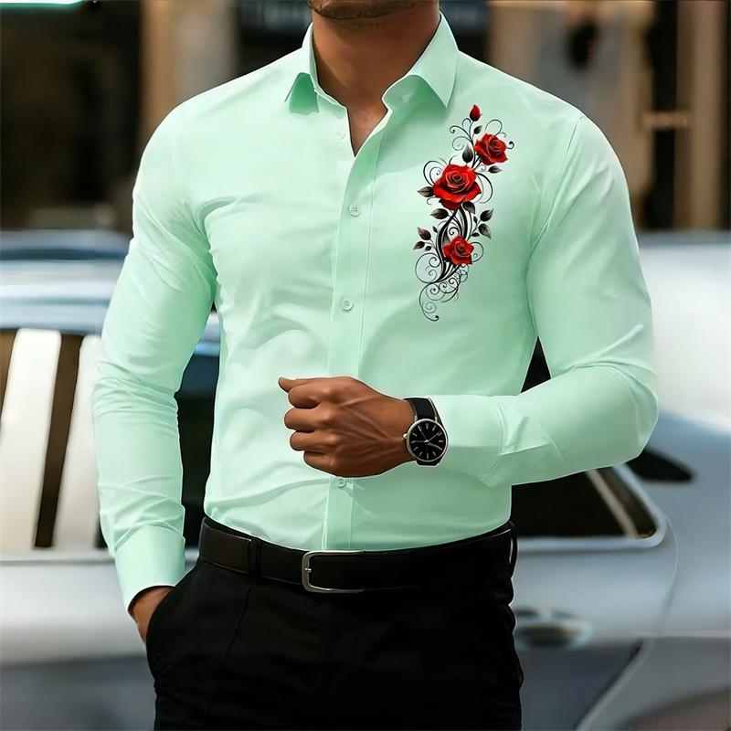 Herrskjorta med lång ärm, med ett vintage rött rosmönster. En Snygg Business Casual Skjorta och Trendig