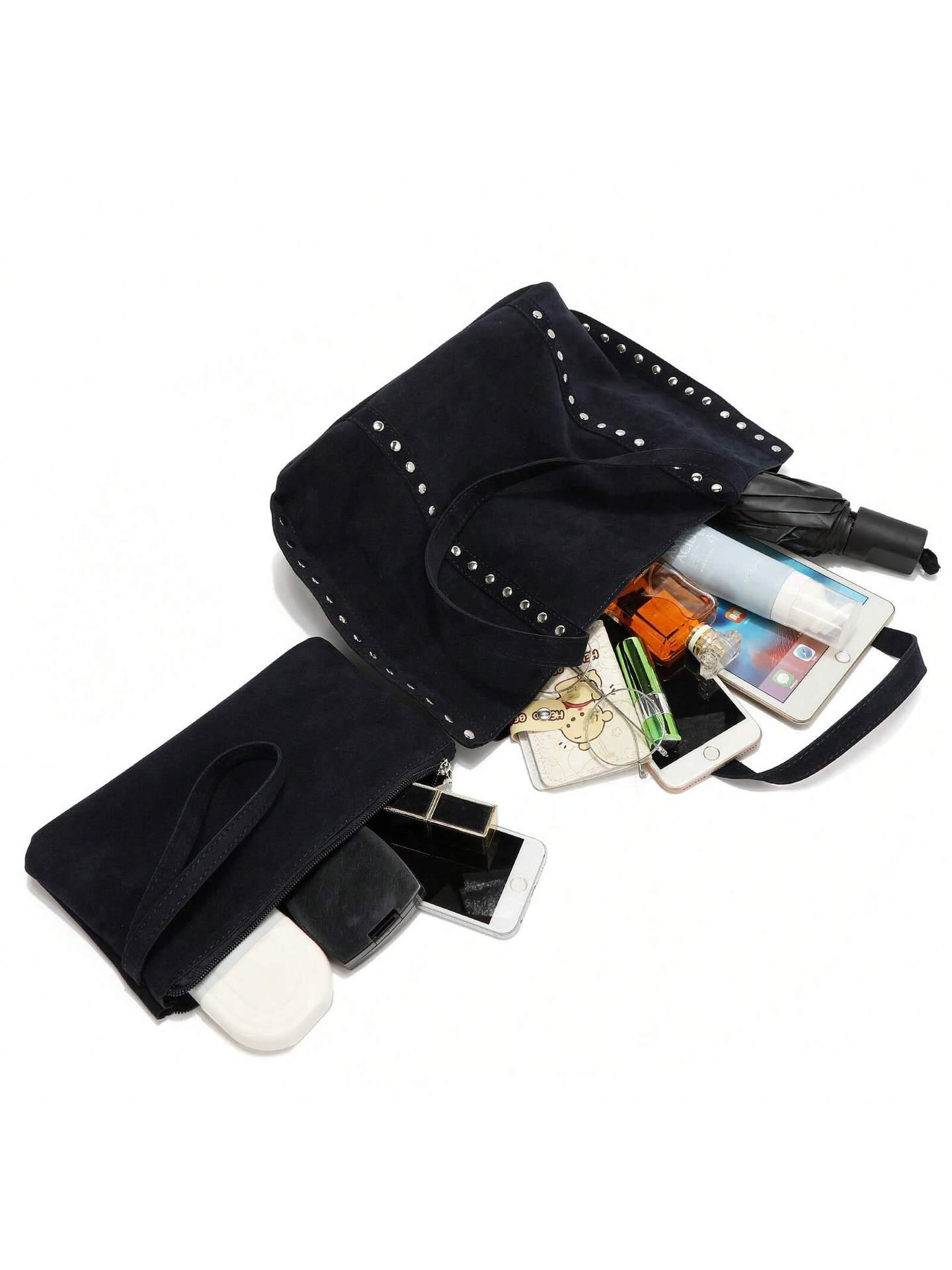 

Large Capacity Suede Rivet Shoulder Bag - Autumn/Winter Casual Underarm Bag for Commute or Mother and Child Use сапфир синий