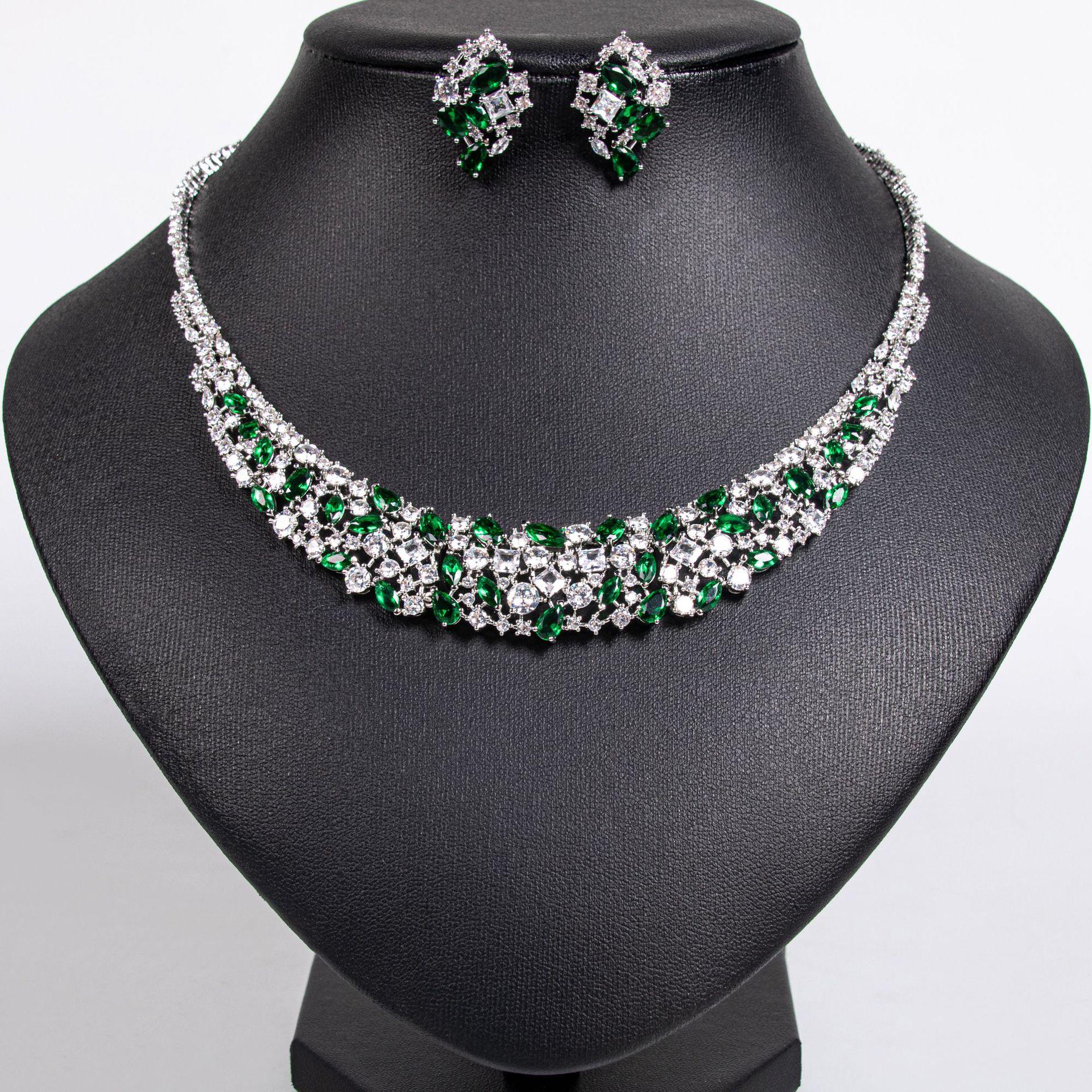 

Deluxe High Quality Zirconia Ladies Jewellery Necklace Earring Set Party Prom Wedding Graduation Dress Accessories M-347 resizable зелений