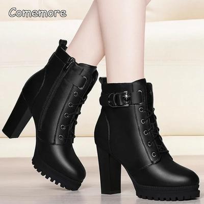 Autumn Women's Platform Shoes New Plus Velvet Chunky Heel Heeled Ankle Boots for Women Winter Keep Warm Ladies Short Boots