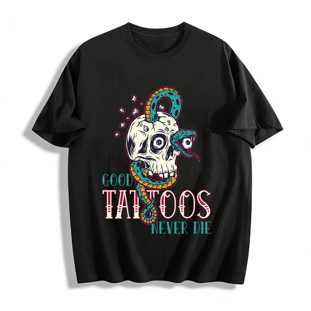 Vintage Skull Snake Tattoo Print Tee Edgy Streetwear Casual Top Pure cotton T-shirt XXS