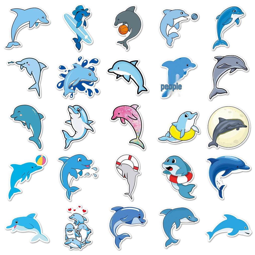 Dolphin & Marine Life Cartoon Stickers - Waterproof Decoration for Cups, Journals, and Luggage (50 Pieces)
