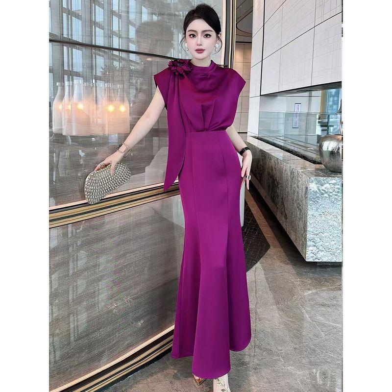

2025 Summer Dress New Arrival Elegant Flowers Silm Satin Fishtail Dress Wedding Banquet Red Maxi Dress Women Rose Red XL