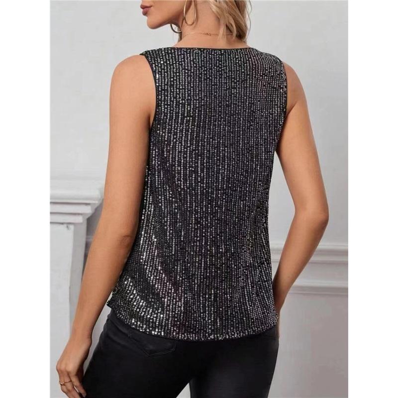 Trendy European And American Sexy V Neck Strapless Sequin Loose Short Pullover Top Women Tank Top Stylish Blouse