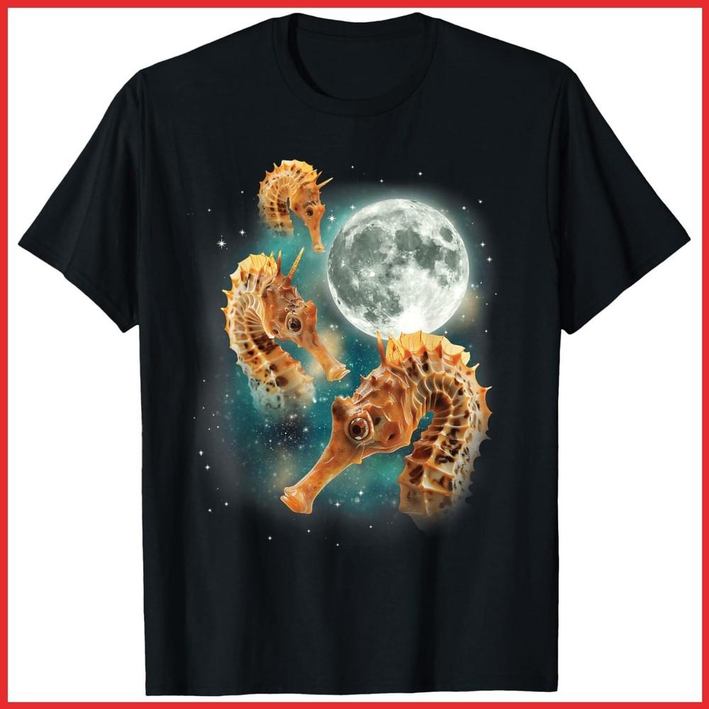 Three Seahorses Moon 3 Cute Ocean Marine Animal Sea Horse Black Cotton T-Shirt Unisex T-Shirt XXL