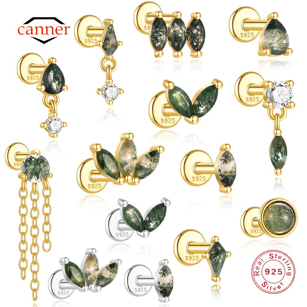 CANNER 1PC Natural Water Grass Horse Eye Zircon 925 Silver Piercing Earrings For Women Ins Simple Green Moss Earring