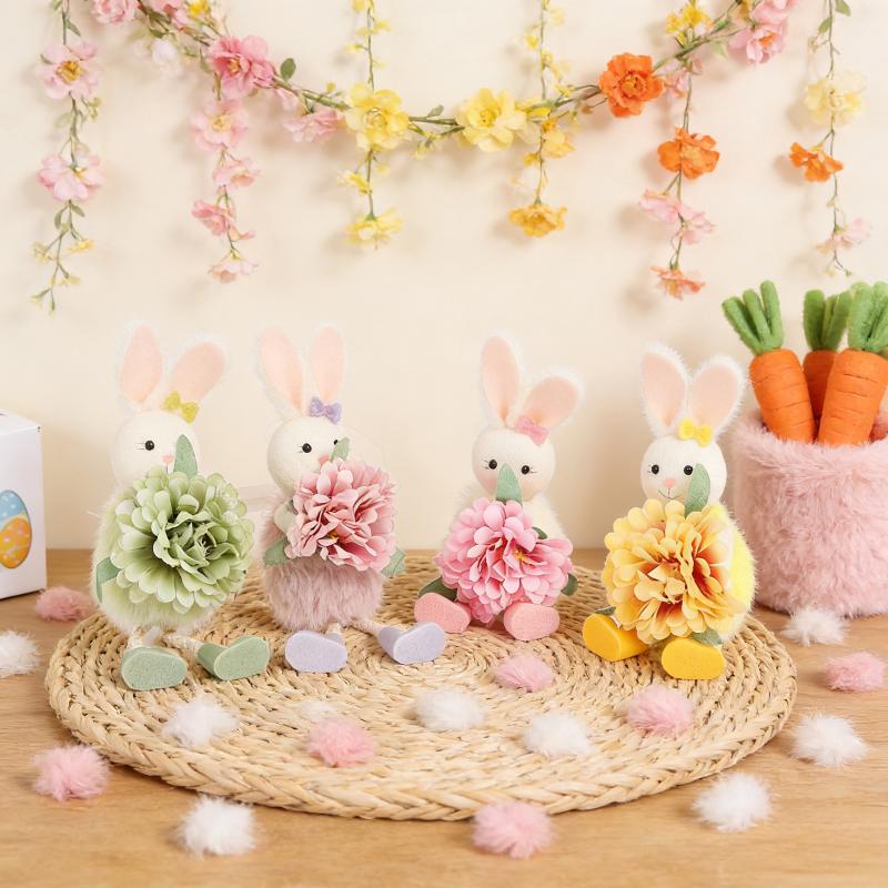 Easter Bunny Decor Cute Rabbit With Flower Hanging Ornaments For Tabletop Mantel Holiday Home Party Table Decorations Gift