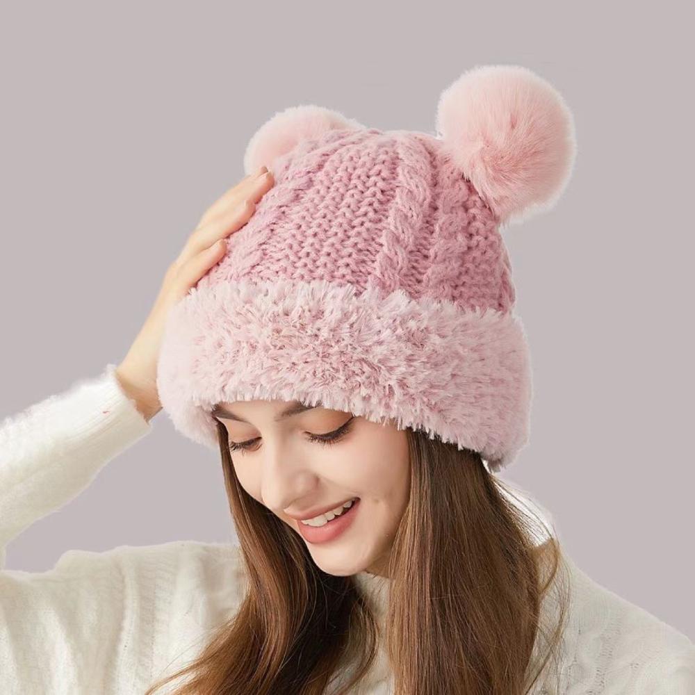 Bear Ear Design Beanie Hat Solid Color Ski Cap Cute Knitted Hat