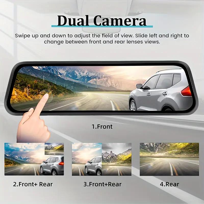 4K Front and Rear Mirror Dash Cam, 9.66" IPS Touch Screen Dual Cameras, Loop Recording, G-Sensor, Parking Assistance, Backup Cam