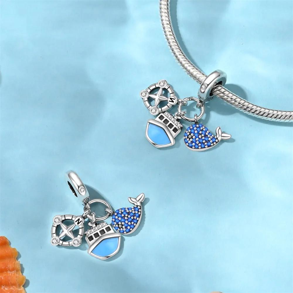 Silver 925 Blue Ocean Ship Lighthouse Starfish Charms Beads Pendants Fit Bracelets for Women DIY Fine Jewelry Gifts