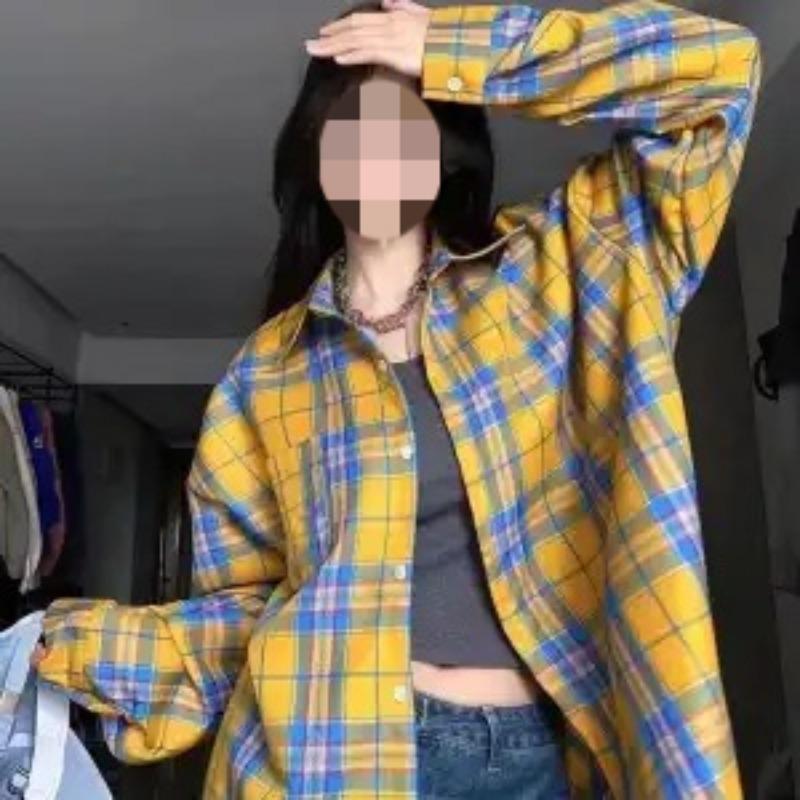 

Женская рубашка в клетку, повседневная, с отложным воротником, однобортная, с карманом, женские рубашки, осенний новый тренд, свободный крой, с длинным рукавом, женский топ XL