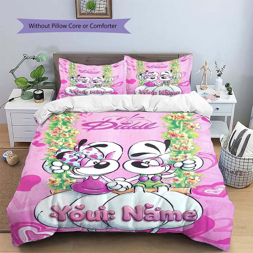 Diddl Custom Name Pattern Bedding,Quilt Set Quilt Cover Pillowcase Home Birthday Gift(1 * Duvet Cover + 2 * Pillowcase, Without Core)