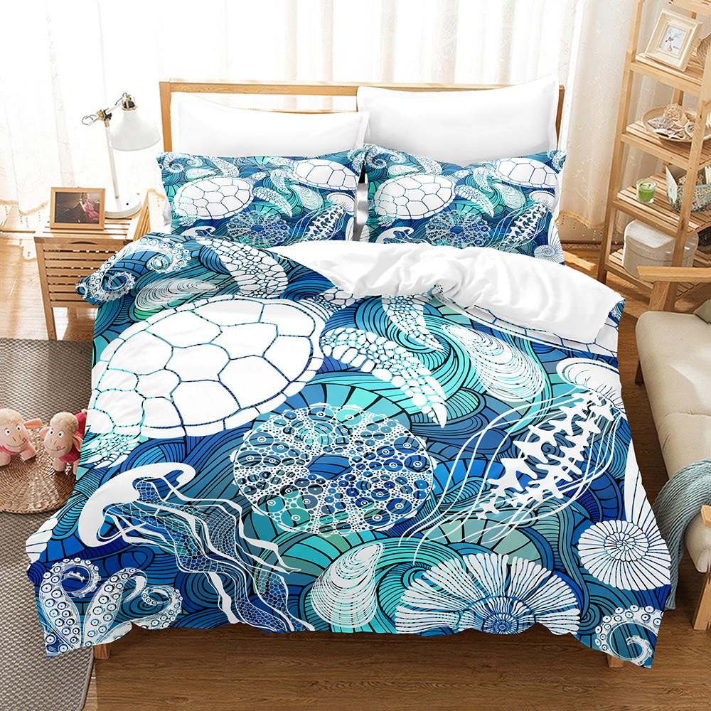 Blue Sea Turtle Print Bedding Set 3PCS Full Queen King Size Summer Travel Soft Microfiber for Kids Boys Girls Room Decor