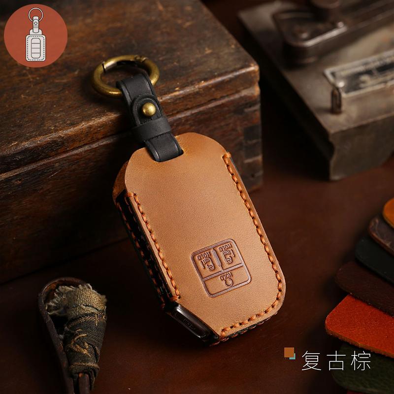 Luxury Crazy Horse Leather Car Key Cover Case Remote Keyring Protective Bag for Kia Carnival 7 Button Fob Protector Keychain