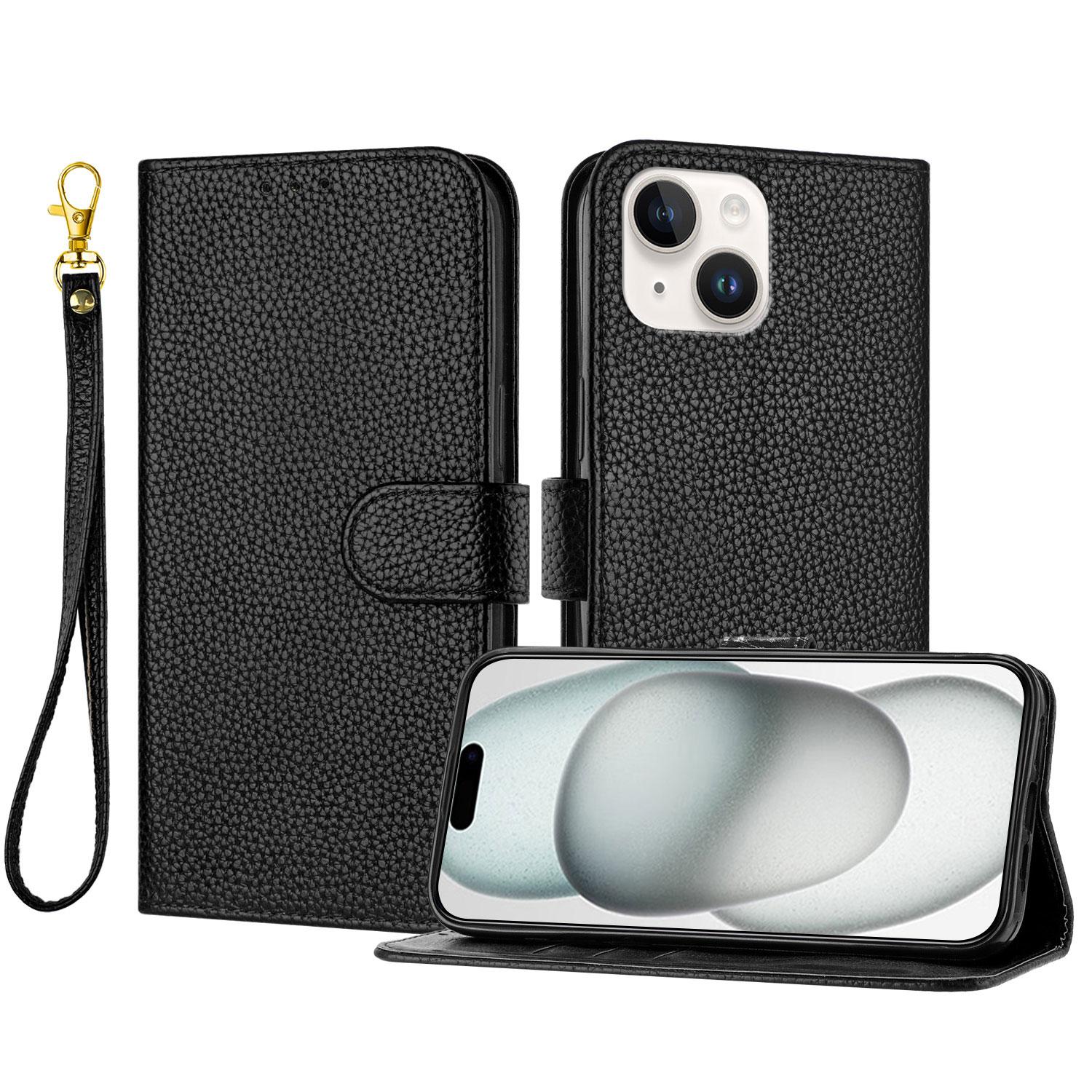 For iPhone 15 Leather Case Litchi Texture Wallet Stand Anti Drop Phone Cover with Wrist Strap E