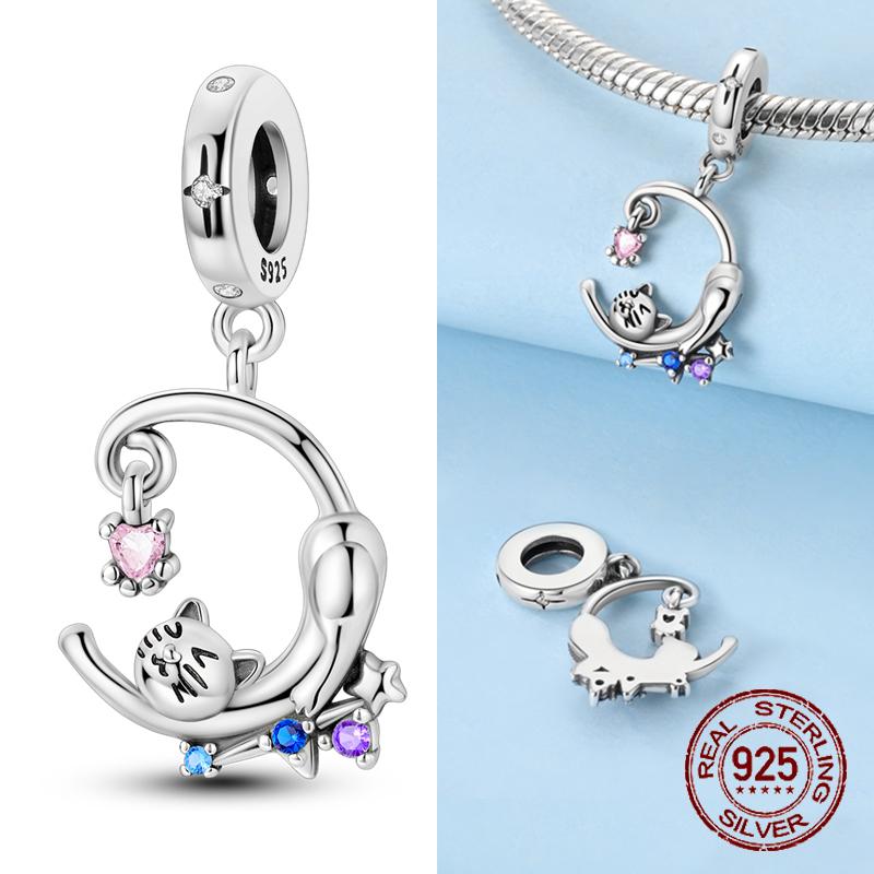 Copper Charms Cute Black Cat Shiny Star Moon Beads Pendants For Original Bracelet Fine Jewelry For Women Gifts Diy