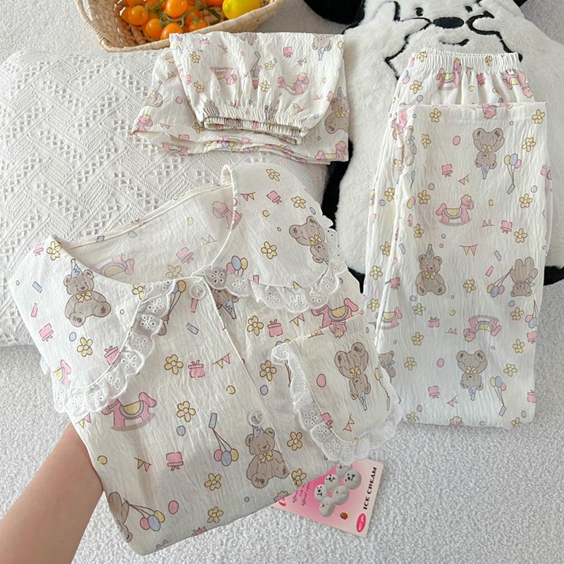 Premium Doll Collar Pajamas Women'S Summer Bear Party Short Sleeve Cloud Cotton Pajamas Women'S Three-Piece Set