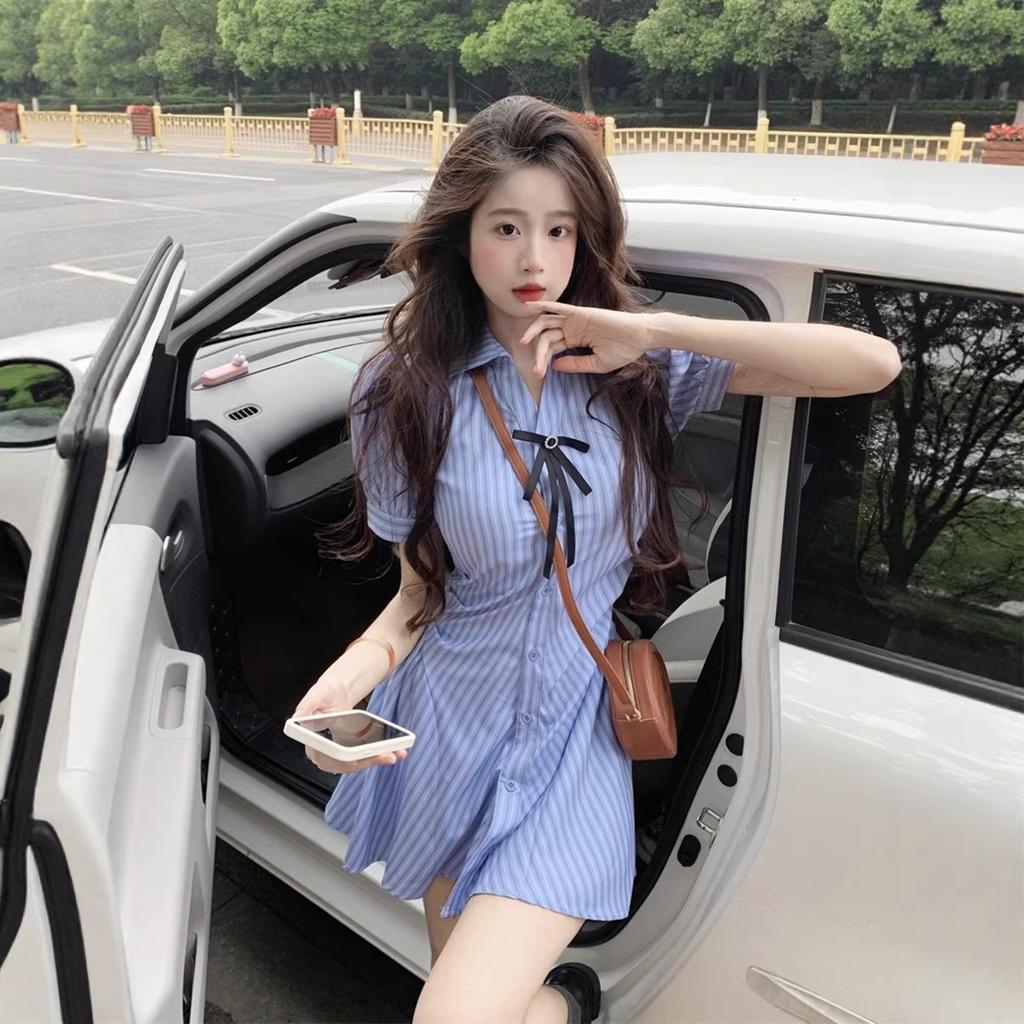 Fashion Hong Kong Style Versatile Blue Striped Dress Women's Summer Fat Mm Design Sense To Cover the Belly and Show Thinness Shirt Skirt Set