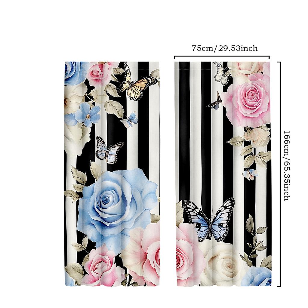 2 Stück Elegante Vorhänge mit rosa Rosen- und Schmetterlingsmuster   Schwarz-Weiß-Streifen - Polyester   Klassischer Stil für Wohnzimmerdekoration   Vor