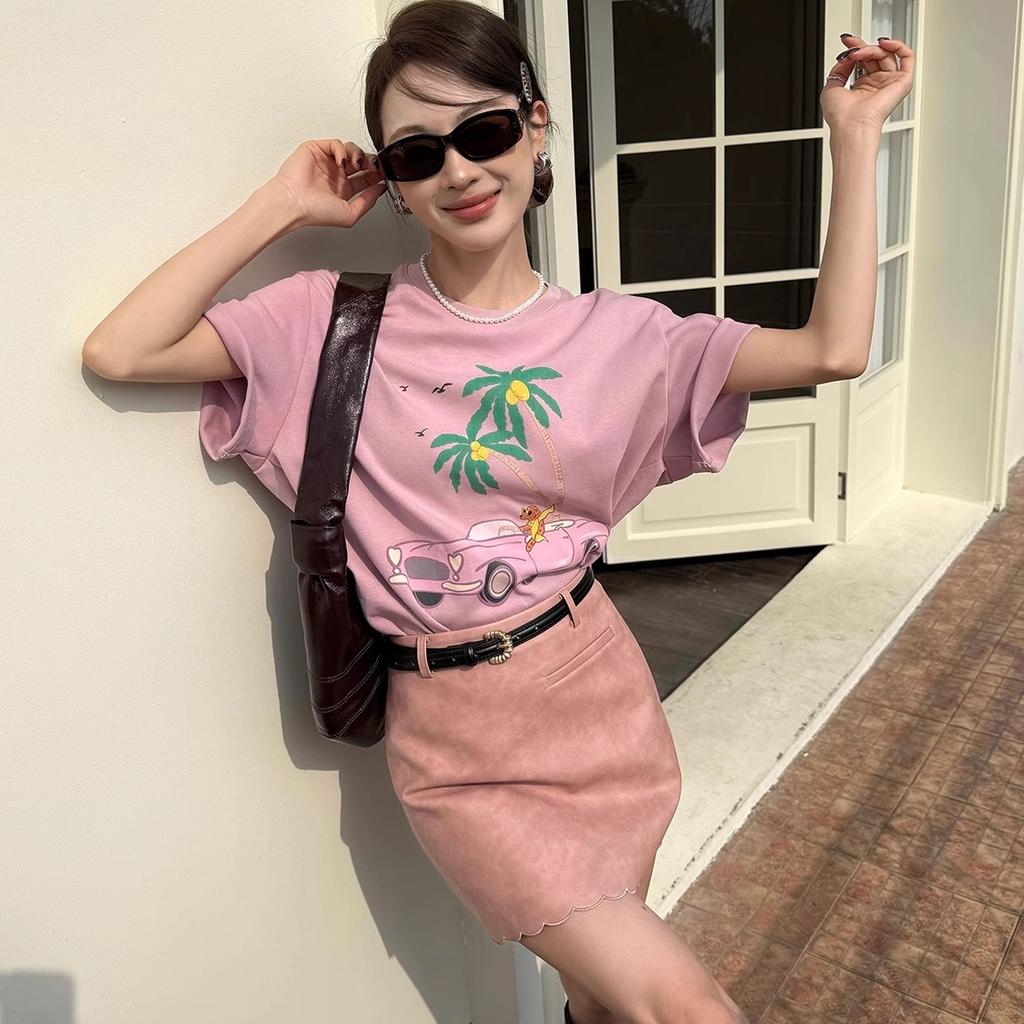 Harajuku lustiger Druck Kurzarm T-Shirts Damen Sommer reine Baumwolle Lässig übergroßes T-Shirt Damen Streetwear pink Y2k Oberteile