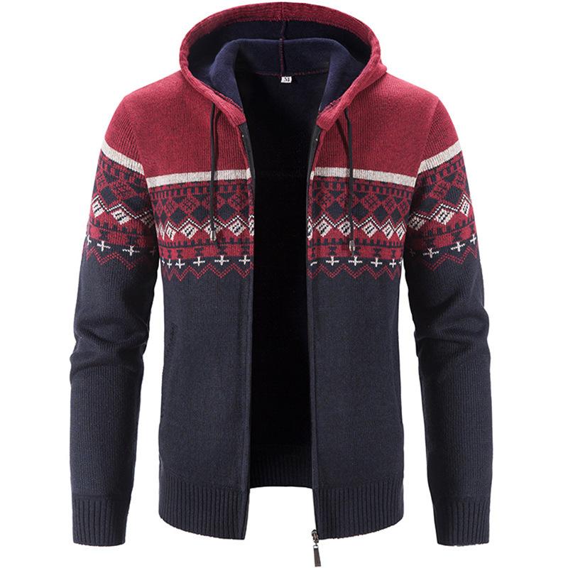 Men's Autumn Winter Zippered Hooded Sweater Cardigans - Thick Patterned Warm Knitwear for Casual Style