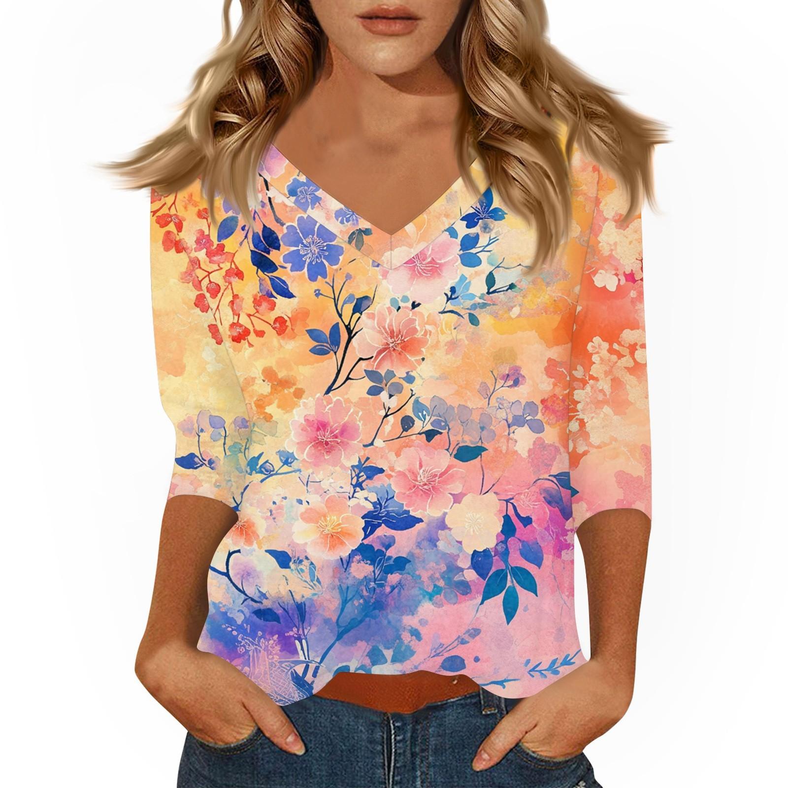 

Женские топы Рубашка с рукавом три четверти V-образный вырез Свободная повседневная рубашка Футболка с принтом S