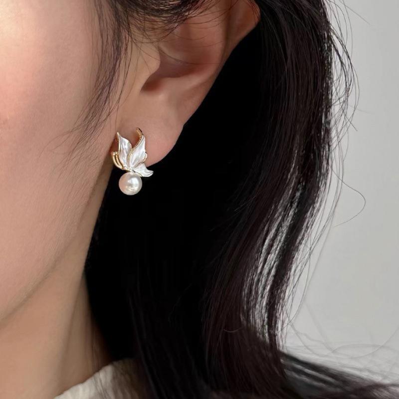 Silver Needle Oil-Drop Leaf Pearl Earrings, Women'S Elegant Pearl Stud Earrings Jewelry Gift