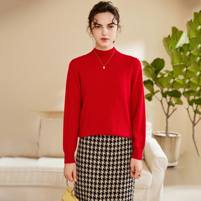 Women's Pure Cashmere Seamless Knit Sweater, Autumn/Winter Half-High Neck, Long Sleeve Base Layer