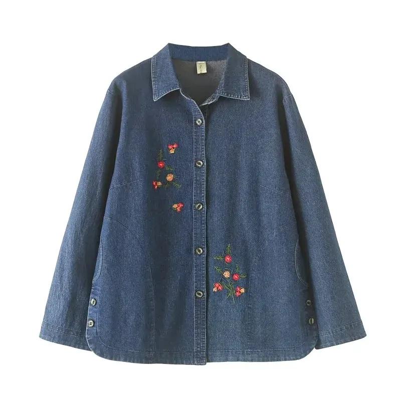 Giacca di Jeans da Donna Primaverile Taglie Forti a Maniche Lunghe Ricamo Temperamento Camicia di Jeans Comoda