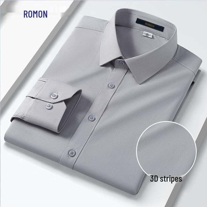 ROMON Men's 3D Textured Bamboo Fiber Wrinkle-Resistant Long Sleeve Shirt