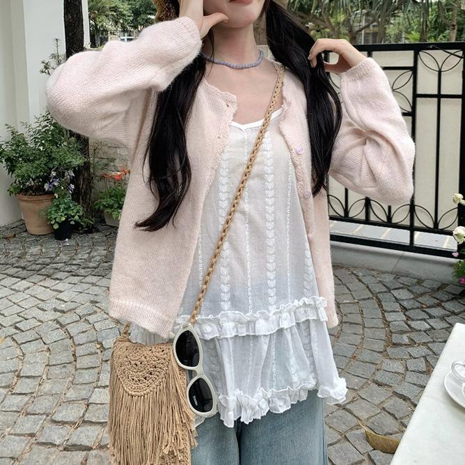 

Весна Лето Топ Женский Вязаный с Круглым Вырезом Корейский Универсальный Дофаминовый Молодежный Мягкий Стиль Кардиган розовый