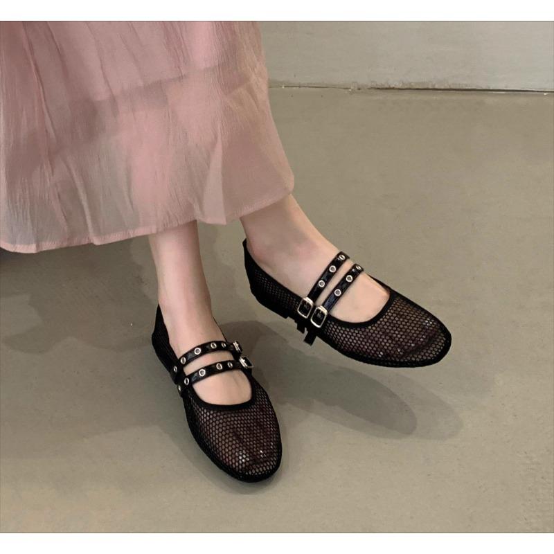 Fashion New Black Mesh Black Ballet Shoes Female Summer New Flat Hollow Mesh Breathable Single Shoe Fishnet Shoes Sandals