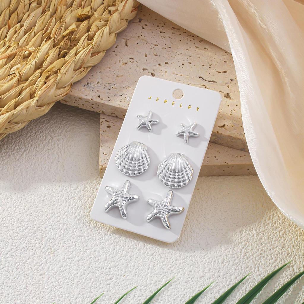 3 Paia di Orecchini a Bottone Geometrici Stella Marina & Conchiglia da Donna - Set Moda Estiva