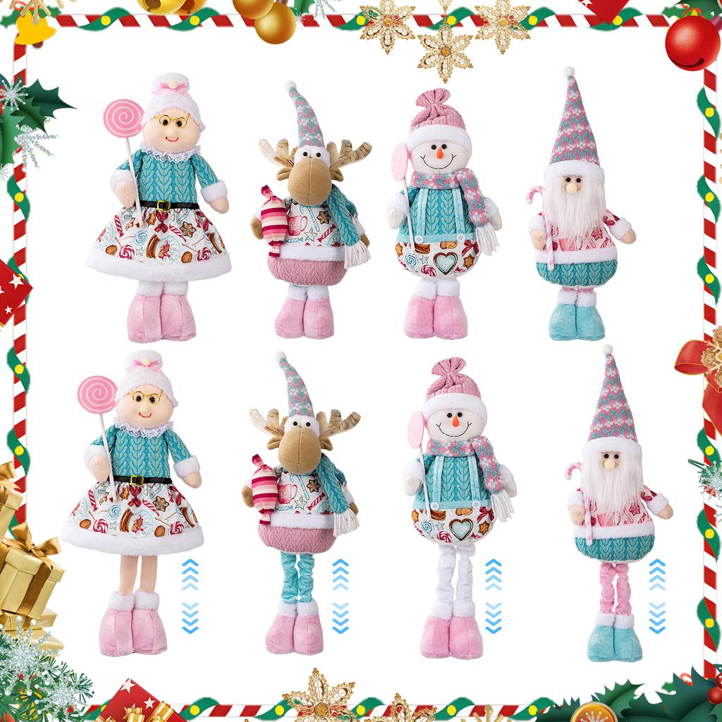 Einziehbare Weihnachts-Puppe mit einziehbaren Beinen Rosa Weihnachtsmann Schneemann Elch Stehpuppe für Heimdekoration und festliches Fenster